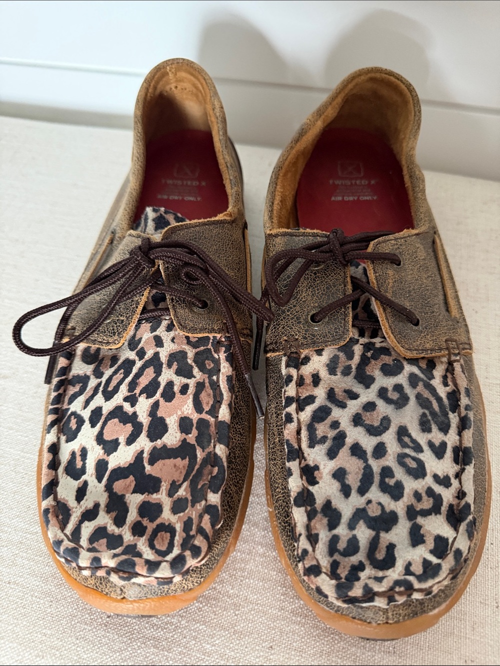 Twisted X Brown Leather Boat Shoes with Leopard Print Accents